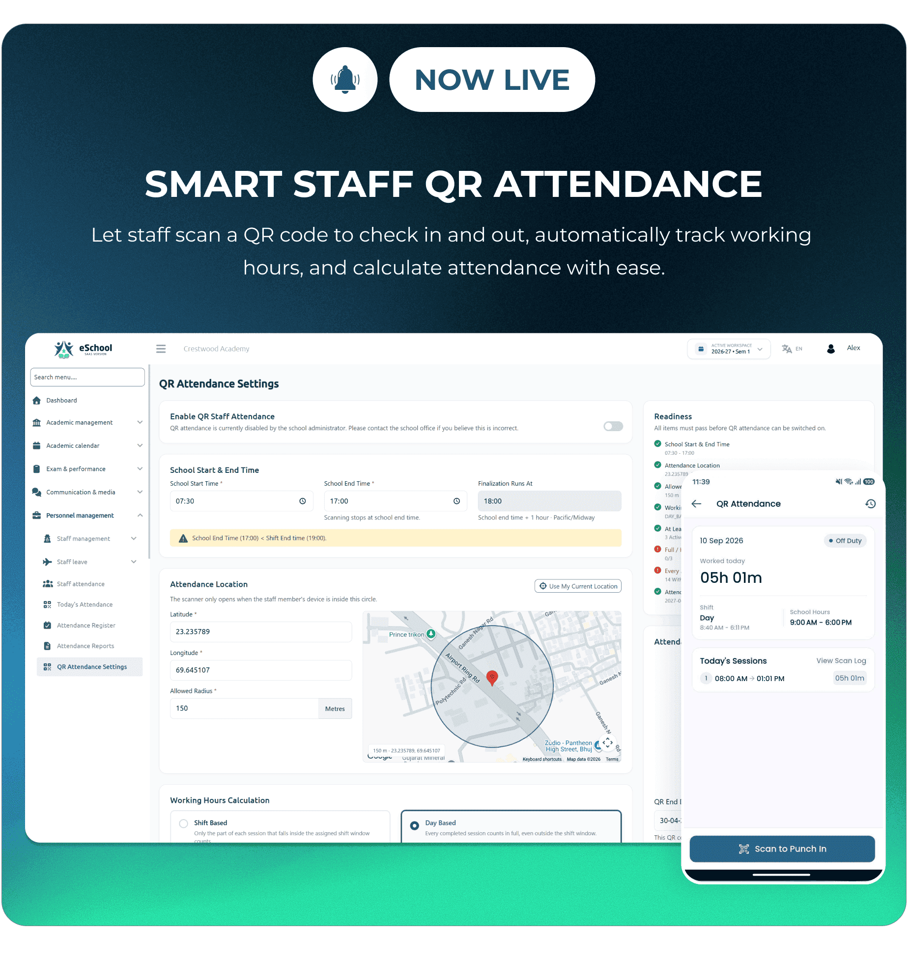 QR based attendance update in eSchool SaaS