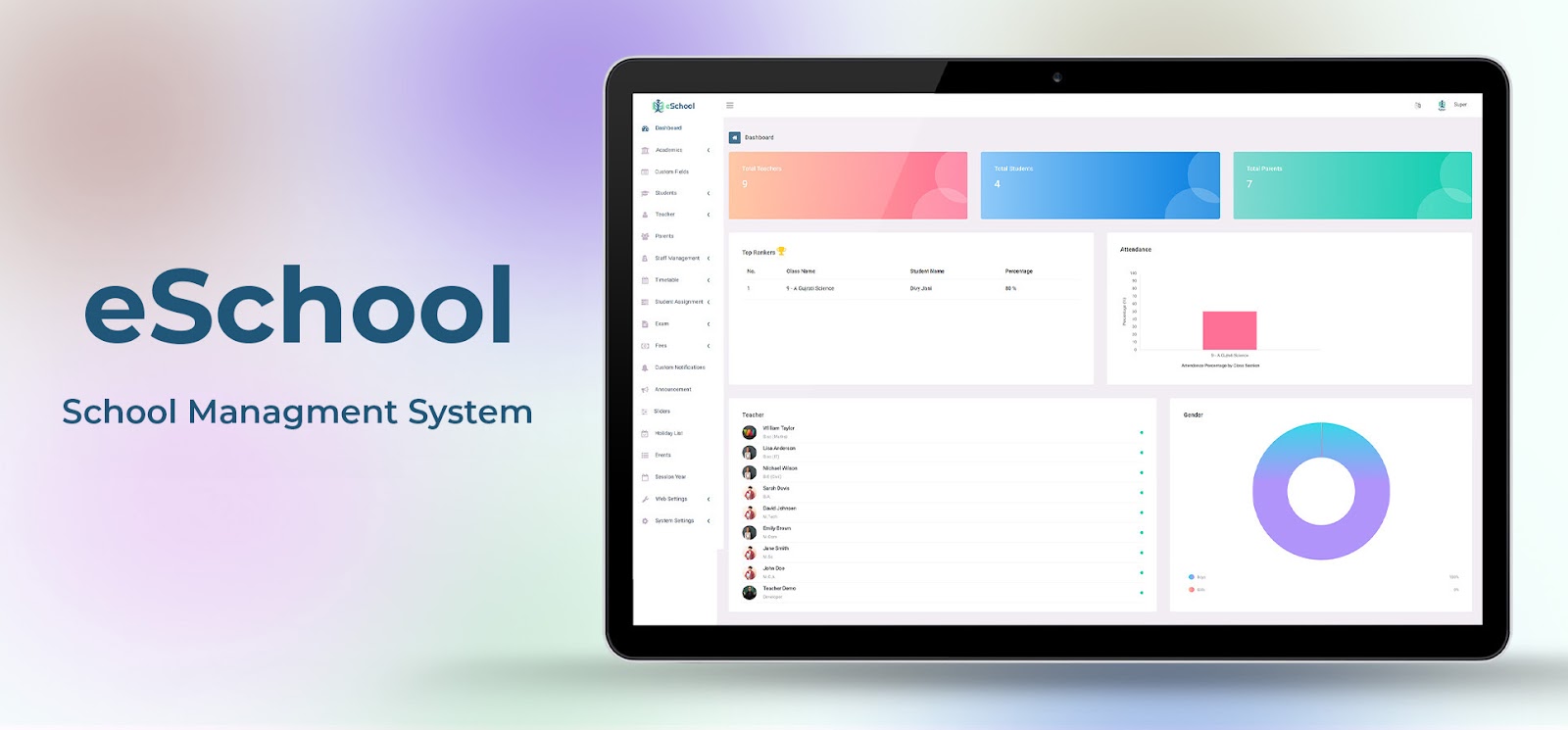 Sschool management system dashboard interface 