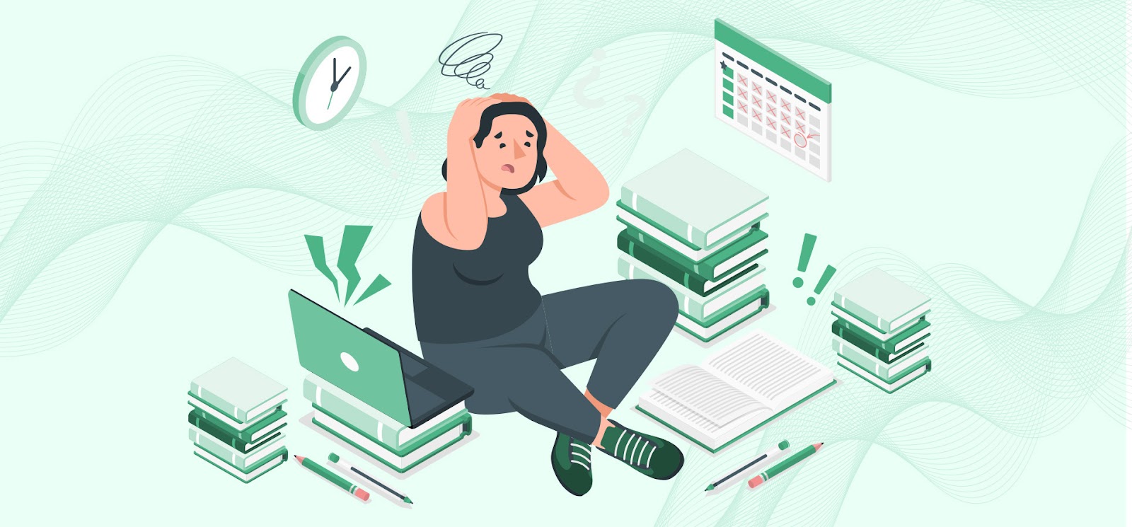 Stressed student surrounded by books and laptop while preparing for exams before deadline