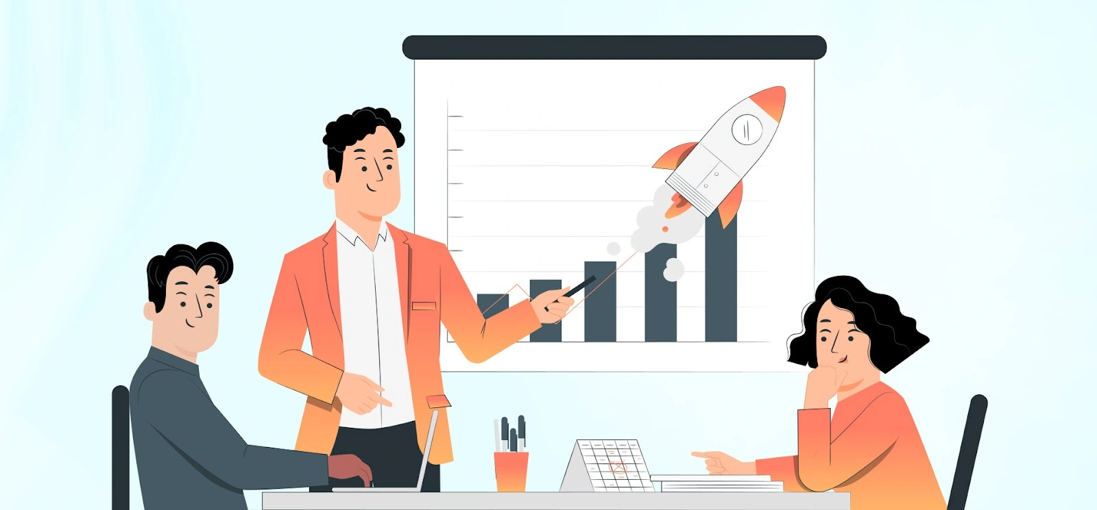 Team presentation showing business growth with rocket launching from bar graph