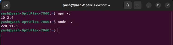 Linux terminal displaying installed Node.js and npm versions