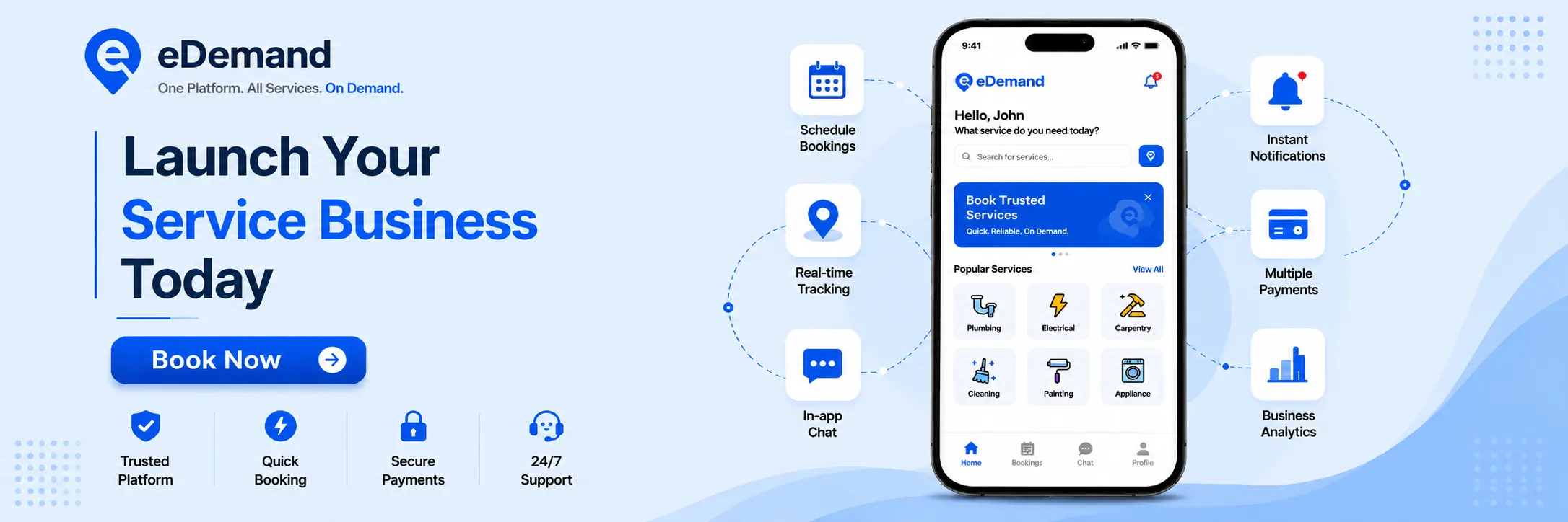 eDemand on-demand handyman service platform CTA banner featuring a mobile app interface, booking features, secure payments, real-time tracking, and a Book Now call-to-action.