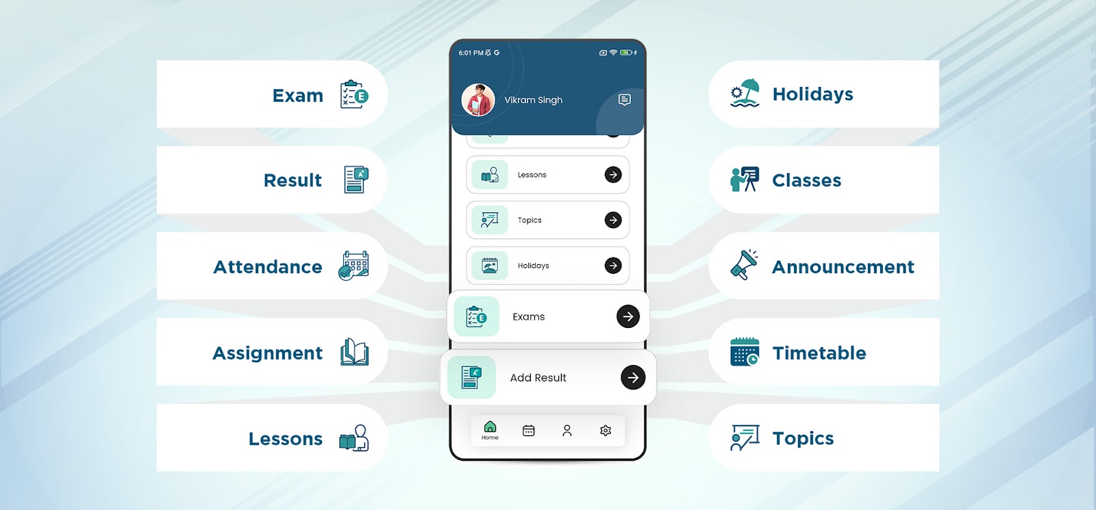 eSchool mobile dashboard showing student features