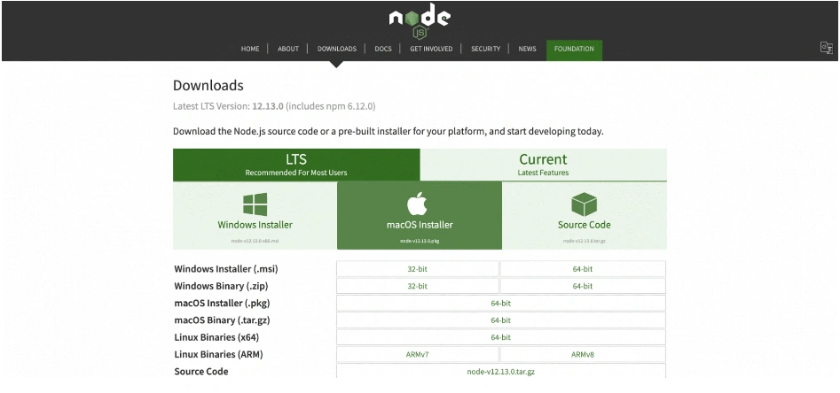 Node.js official download page showing LTS and current version installers