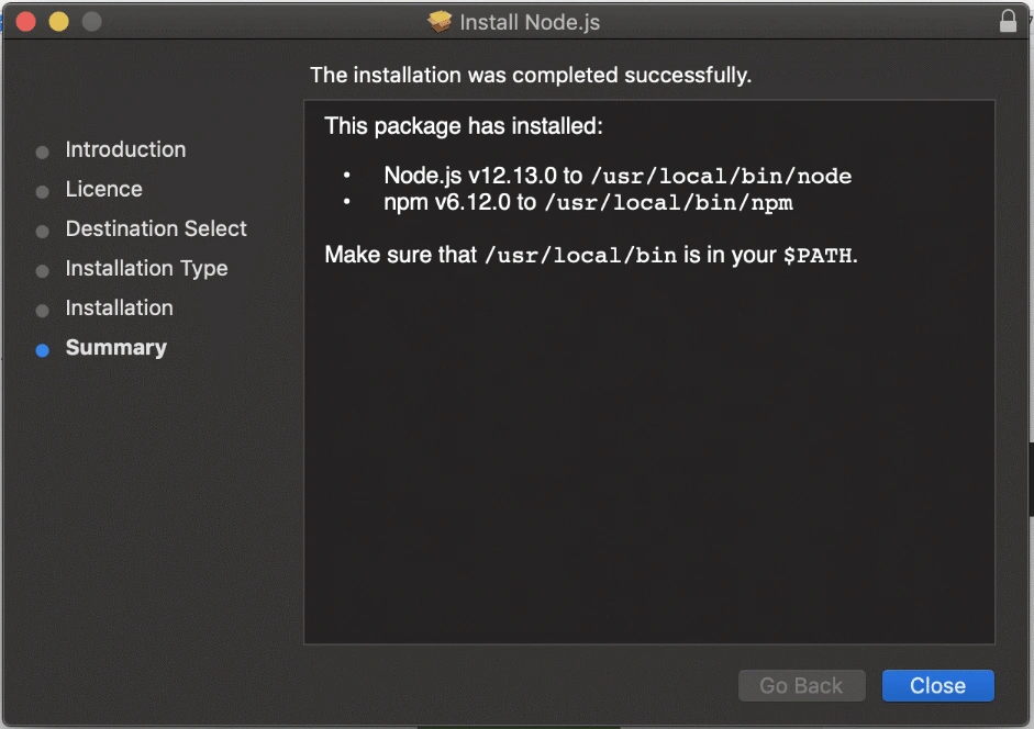 macOS Node.js installation summary