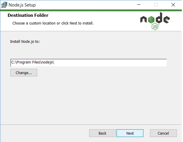 Node.js setup wizard showing destination folder