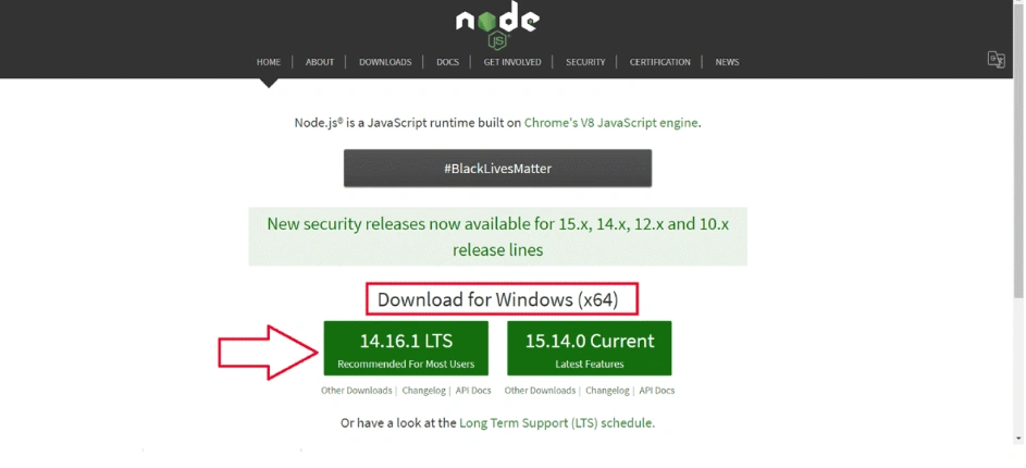 Node.js download page highlighting LTS version 14.16.1 for Windows