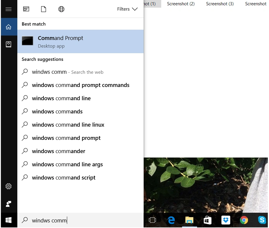 Windows search showing command prompt