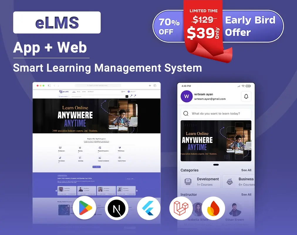 eLMS - Online Learning Management System LMS | Flutter App with Laravel Admin Panel | Next.js Web